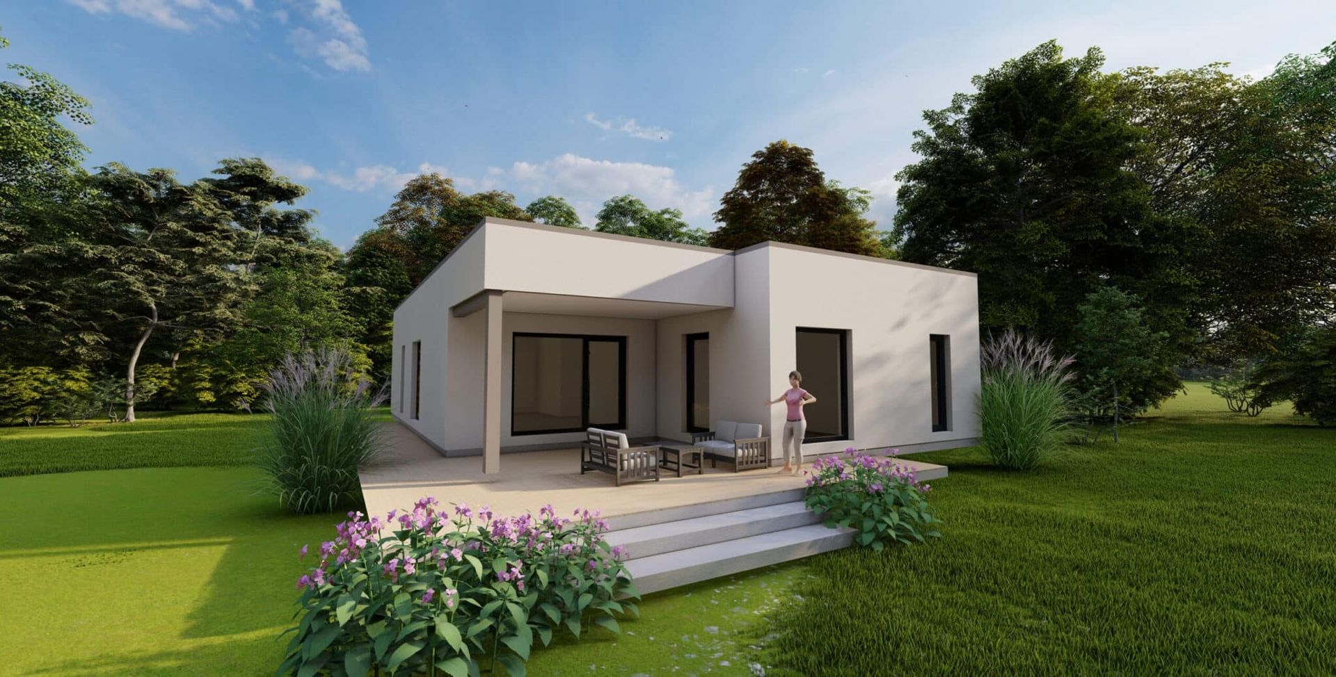 Moderne Bauhaus-Architektur mit flachem Dach, großen Fenstern und einer Terrasse.