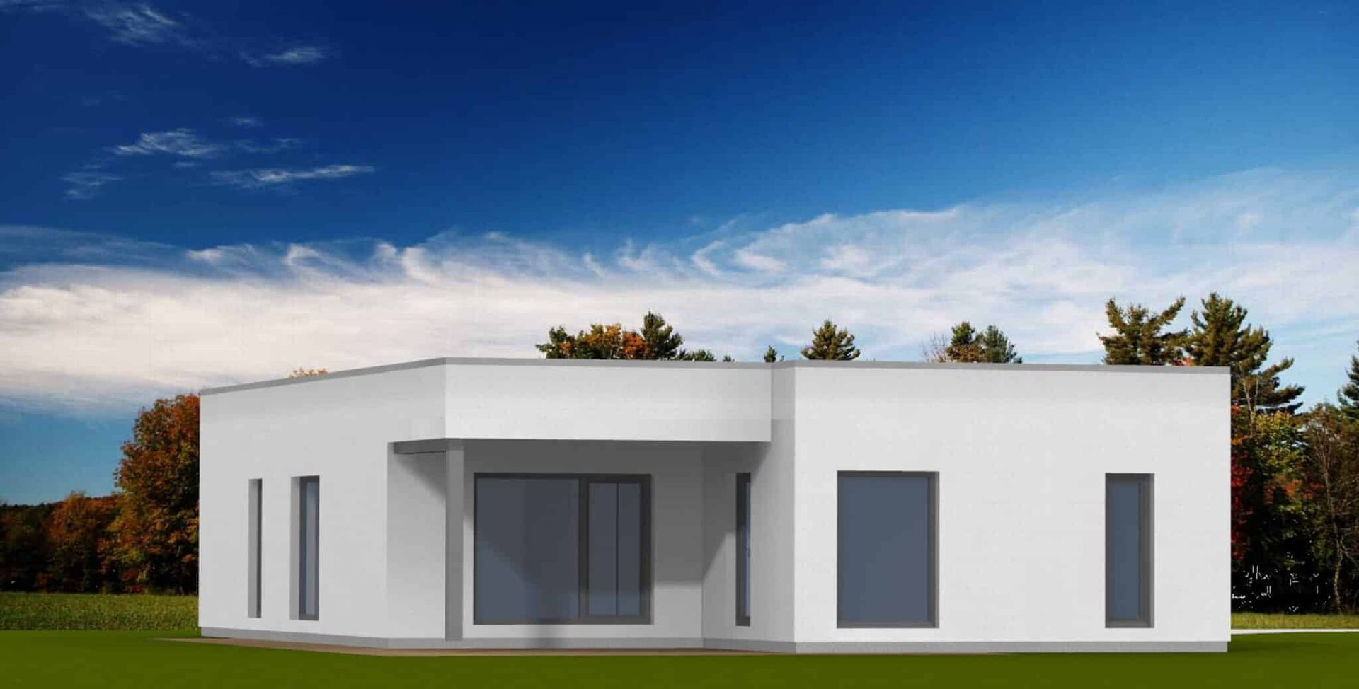 Moderne Bauhaus-Architektur mit flachem Dach, großen Fenstern und einer Terrasse.