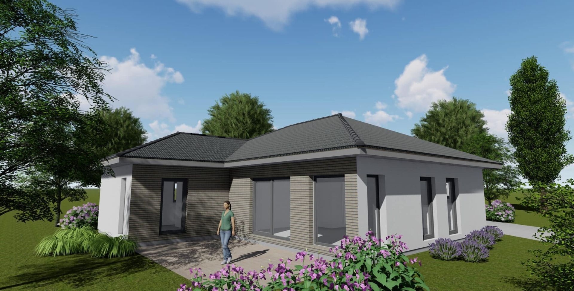 Ein moderner Bungalow mit einem grauen Satteldach und einer Fassade aus hellen und dunklen Materialien.