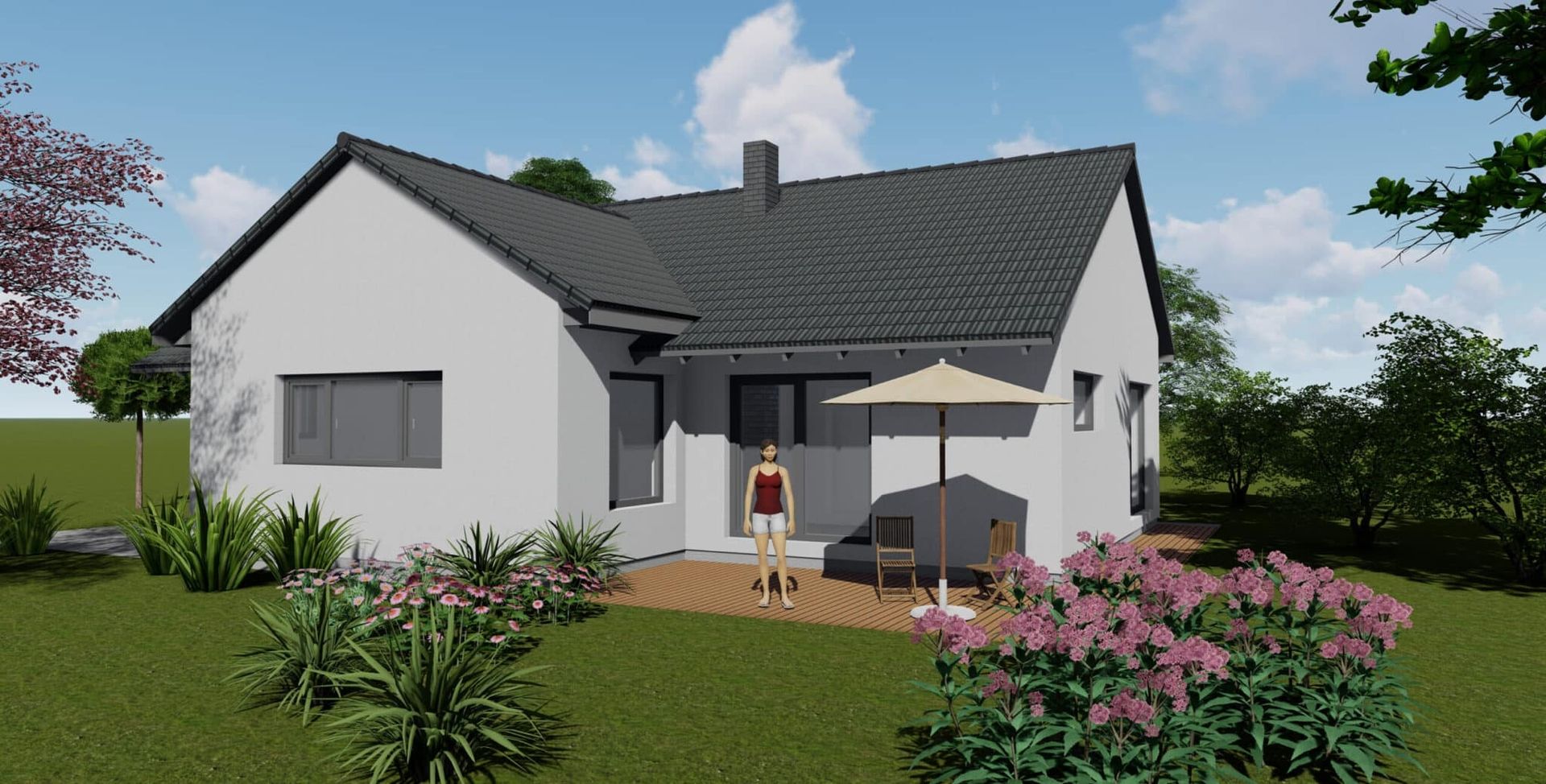 Ein Bungalow mit grauem Dach und weißer Fassade.