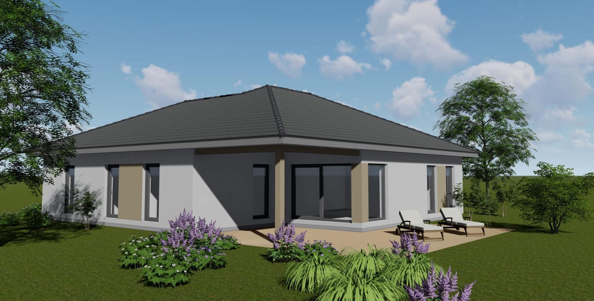 Ein moderner Bungalow mit einem schrägen Dach, großen Fenstern und einer Terrasse.