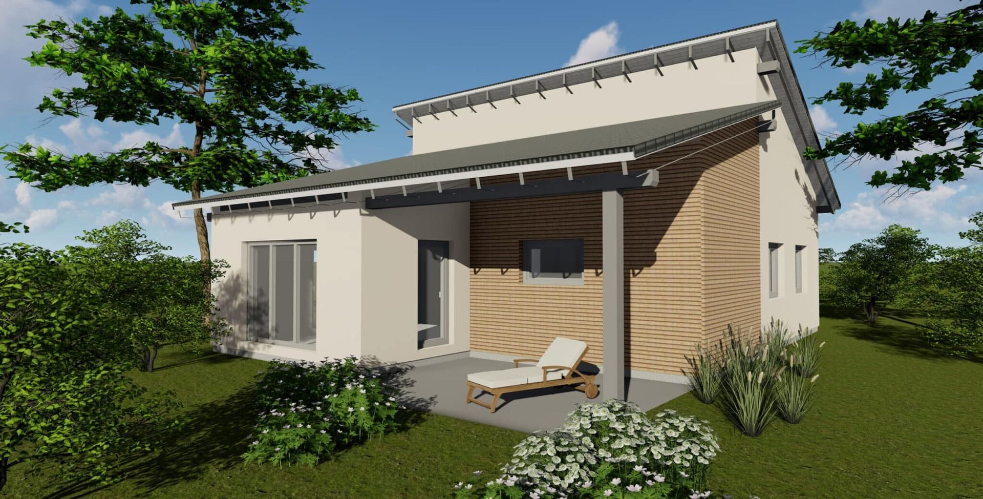 Ein moderner Bungalow mit einem hellen Putz und Holzverkleidung.