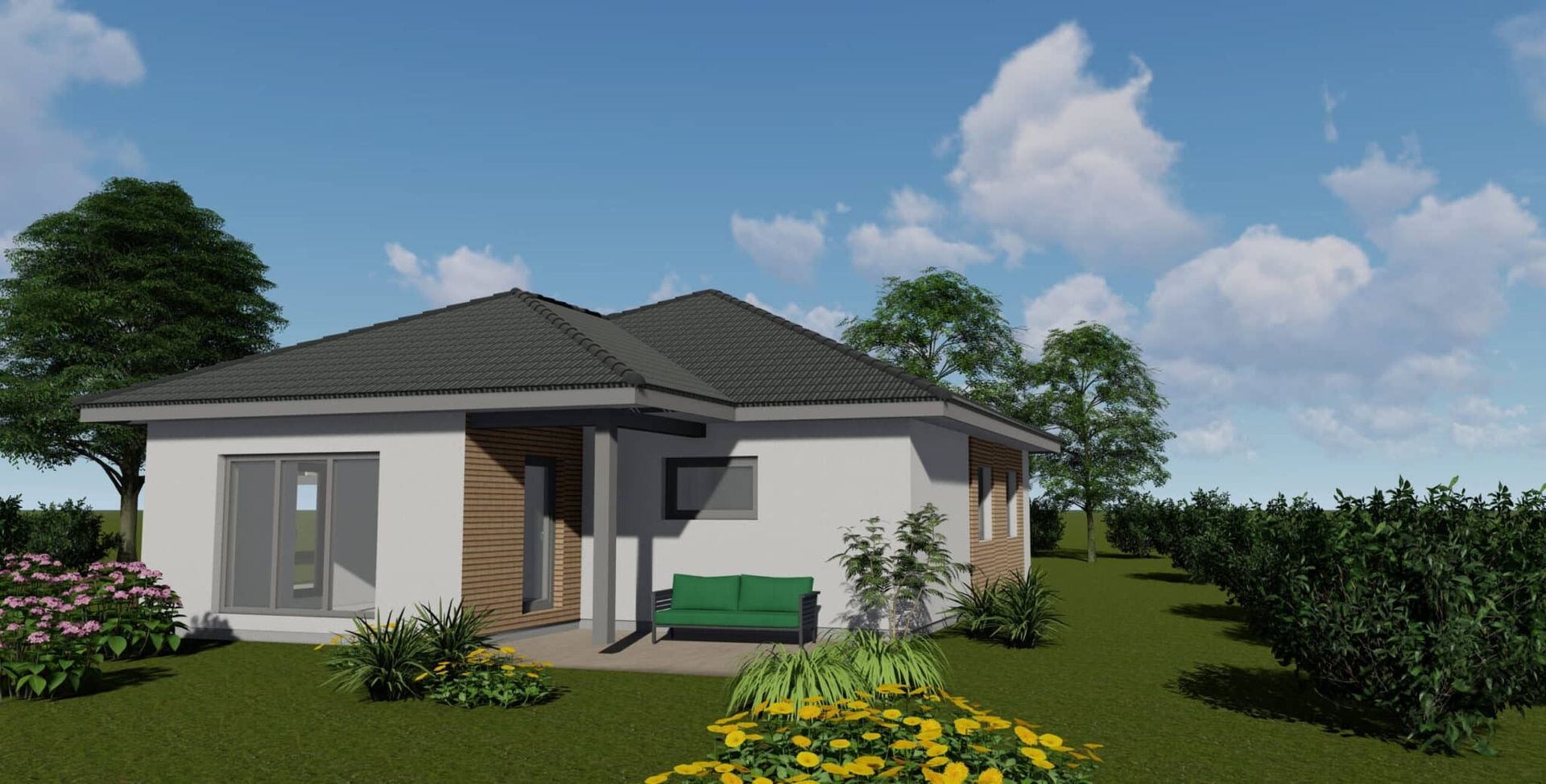 Ein moderner Bungalow mit einem grauen Dach, weißen Wänden und einer Holzverkleidung.