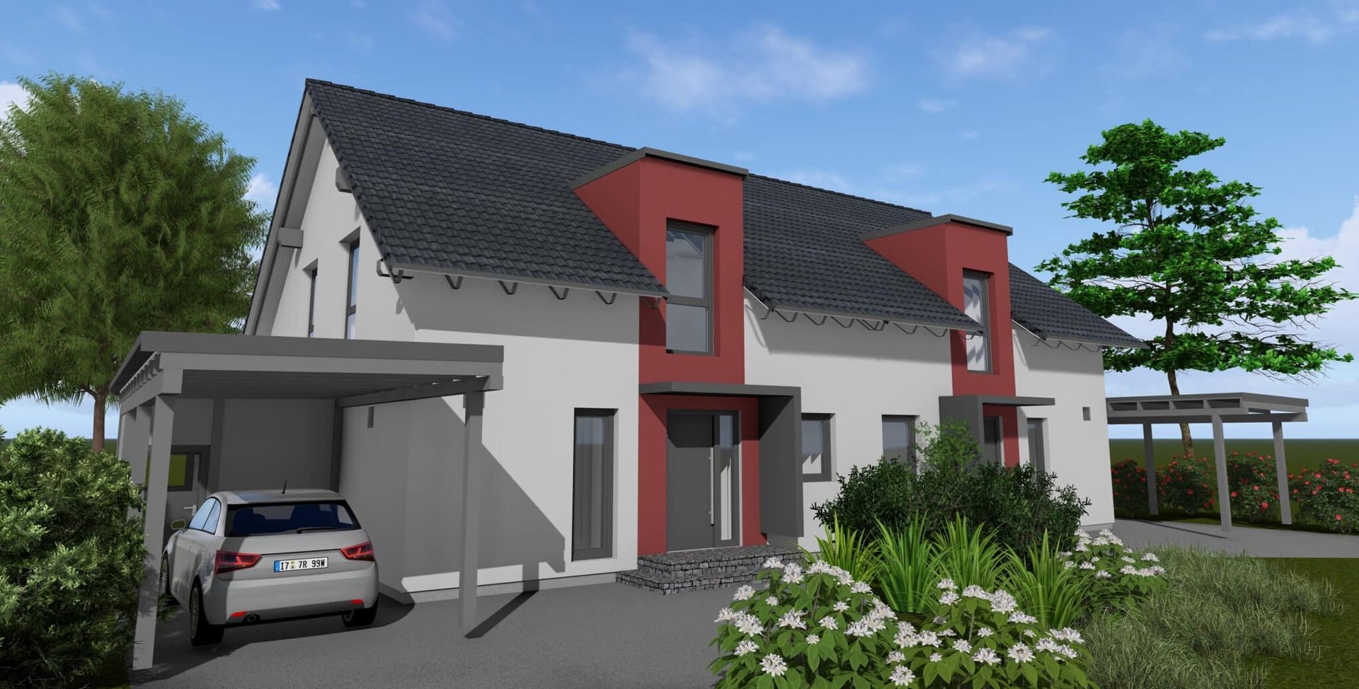 Zweifamilienhaus mit rotem Akzent an der Fassade.