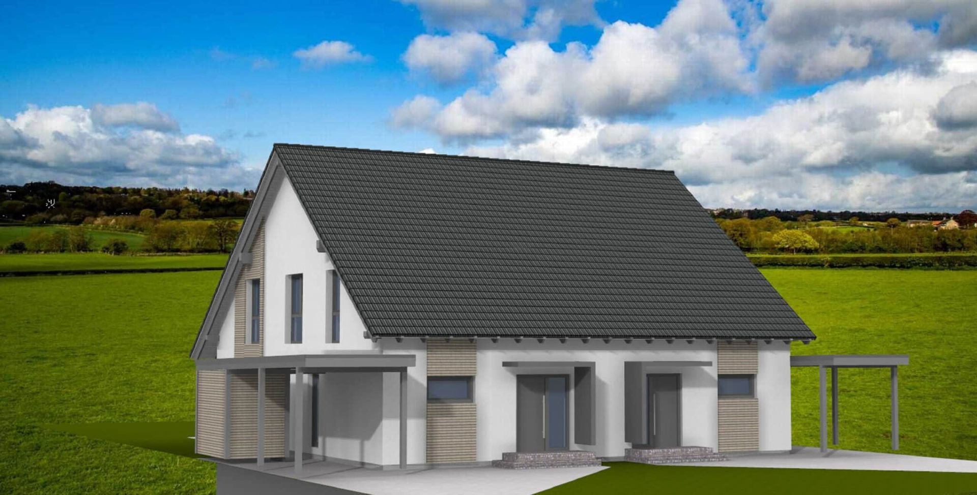 Modell eines Doppelhauses mit zwei separaten Eingängen, geneigtem Dach und grauen Ziegeln. Umgeben von einer grünen Wiese und bewölktem Himmel.