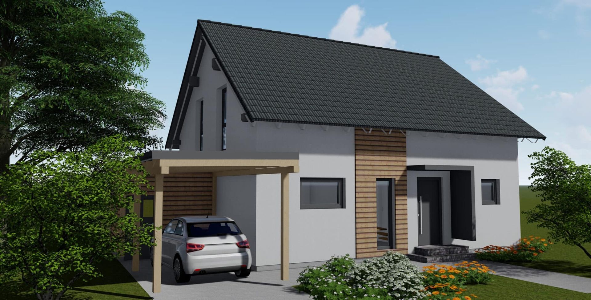 Moderne zweigeschossige Wohnhausansicht mit Satteldach, Holzverkleidung und Carport. Ein Auto steht im Carport, umgeben von Rasen und Bäumen.