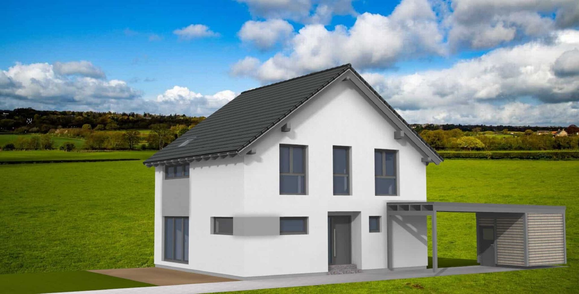 Zweistöckiges Einfamilienhaus mit grauem Satteldach, weißen Wänden und großen Fenstern. An der Seite befindet sich ein Carport.