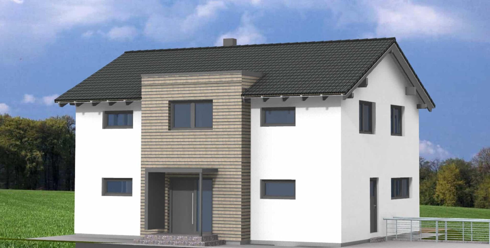 Zweistöckiges Einfamilienhaus mit einem modernen Design. Die Fassade ist teilweise mit Holzverkleidung und weißen Wänden gestaltet. Es hat ein Satteldach und große Fenster.