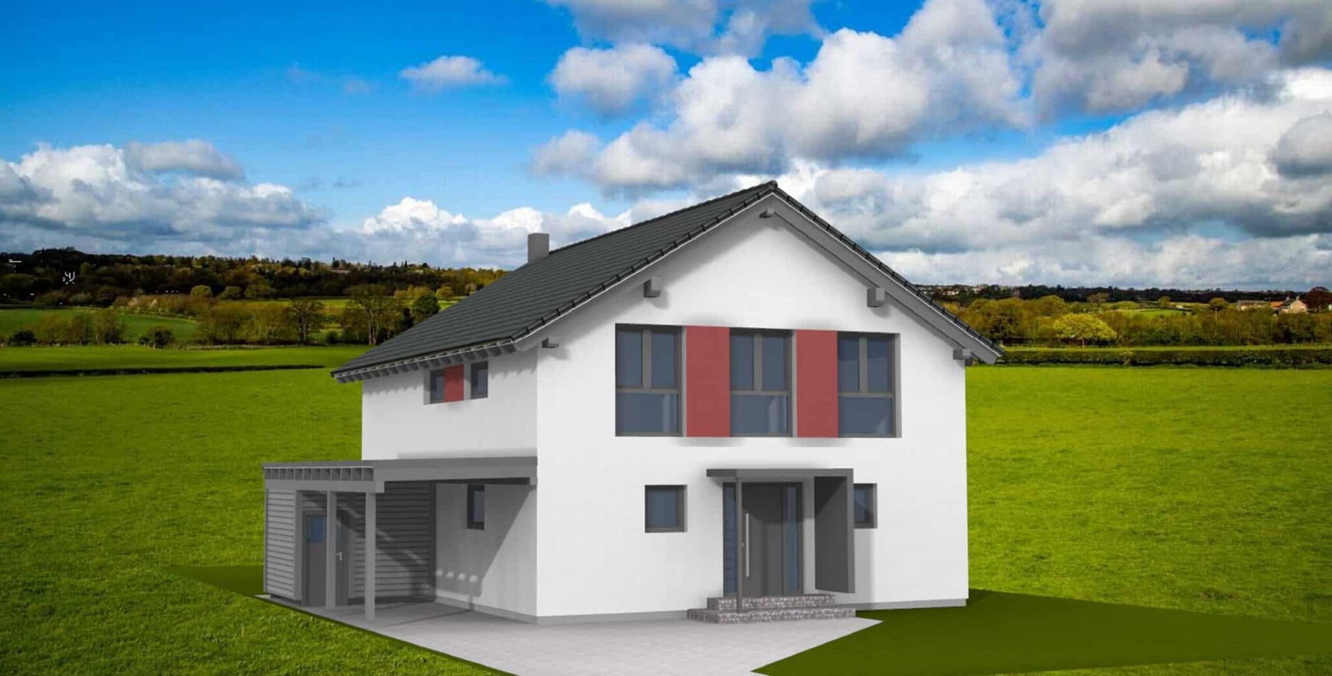 Zweistöckiges Einfamilienhaus mit grauem Dach, weißen Wänden und roten Akzenten. Vor dem Haus befindet sich eine Terrasse und eine Garage.