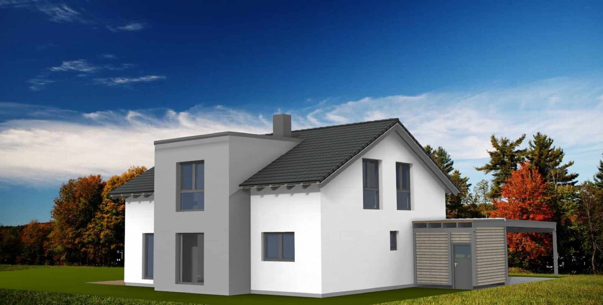 Zweistöckiges Einfamilienhaus mit grauem Satteldach, weißen Wänden und großen Fenstern. An der Seite befindet sich ein Carport aus Holz.
