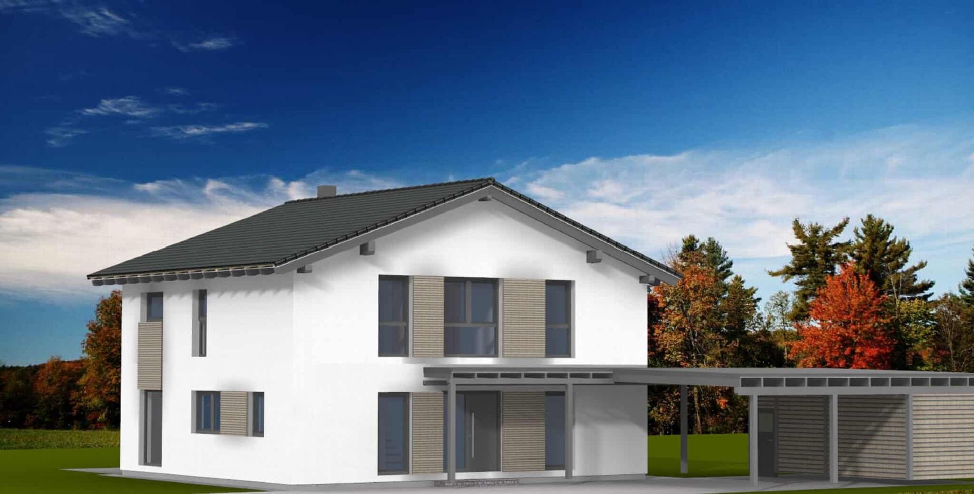 Zweistöckiges Einfamilienhaus mit grauem Dach, weißen Wänden und Holzjalousien. Vorbau mit Carport und angrenzender Garage. Bäume im Hintergrund.