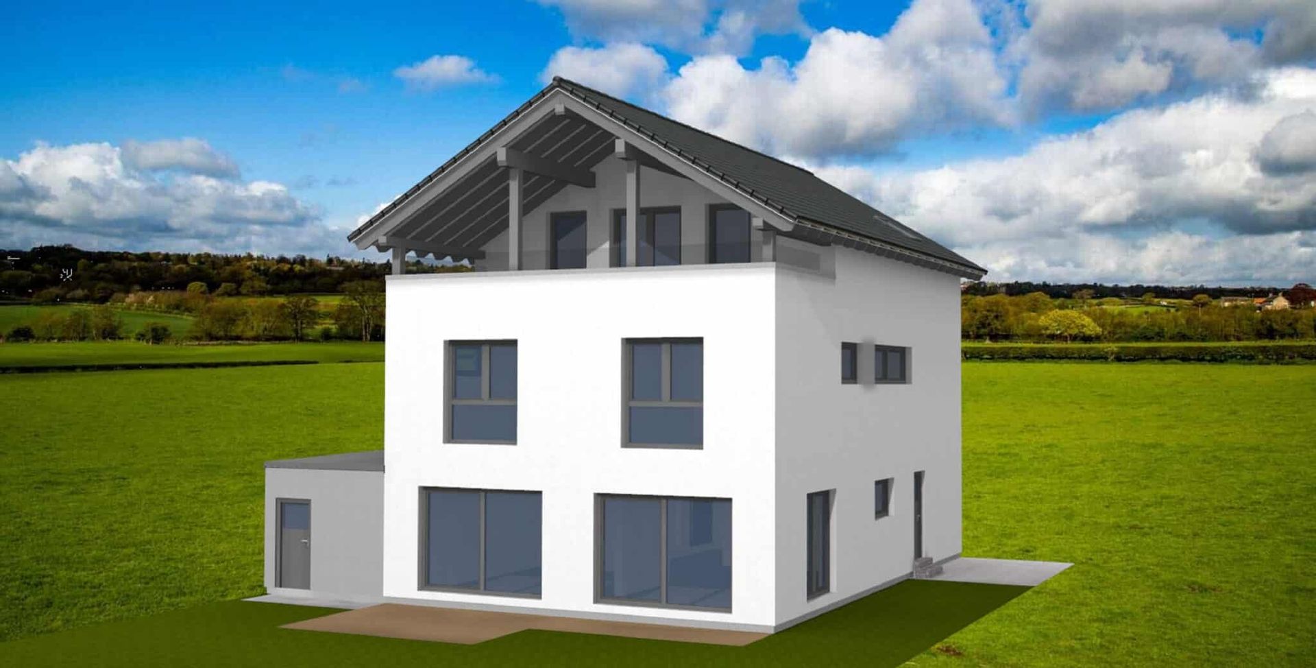 Dreigeschossiges Einfamilienhaus mit flachem Dach, großen Fenstern und einem Anbau. Umgeben von einer grünen Wiese und bewölktem Himmel.