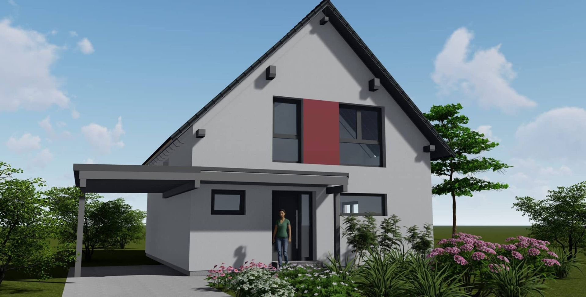 Moderne zweigeschossige Familienhausansicht mit rotem Akzent an der Fassade. Ein Mann steht vor der Eingangstür, umgeben von Blumen und Bäumen.