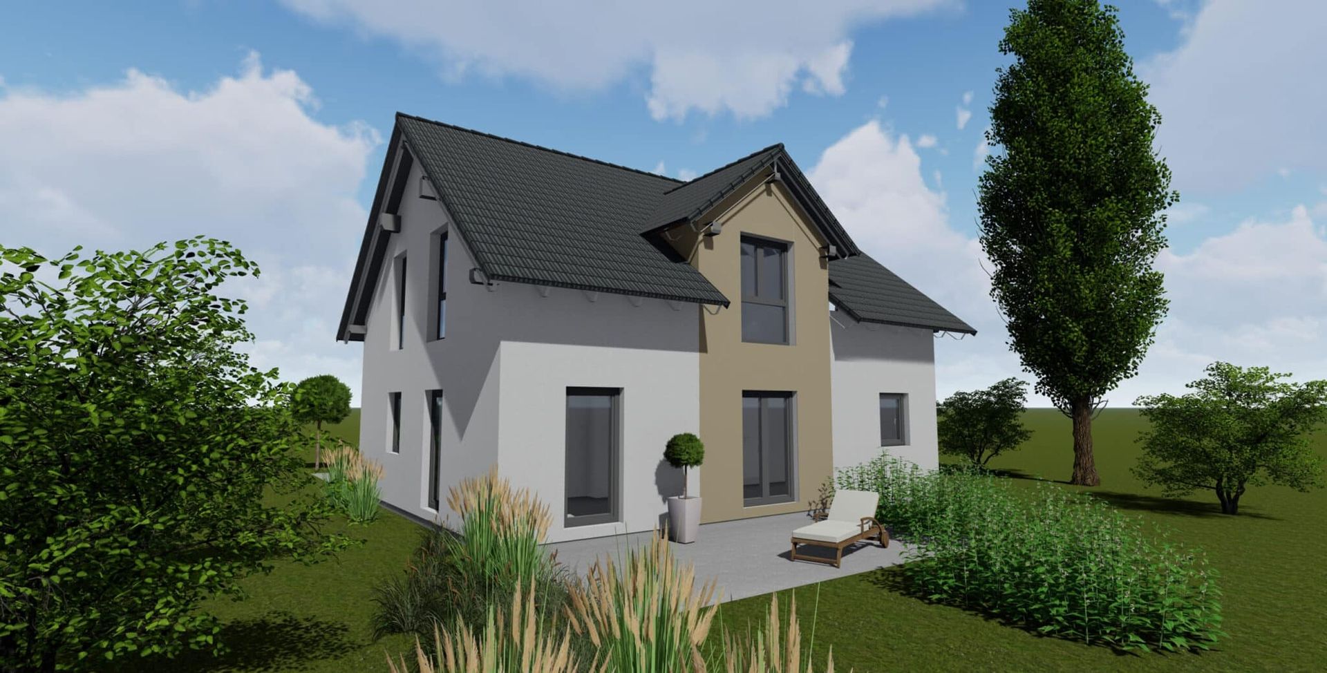 Zweistöckiges Wohnhaus mit grauem Dach und beige-weißer Fassade.