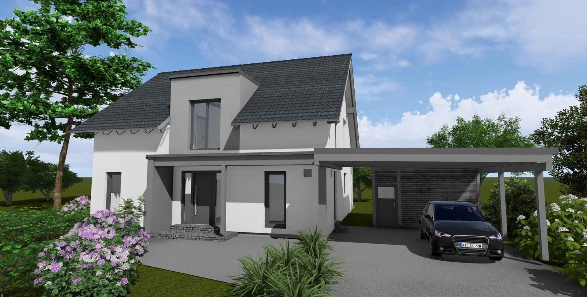 Zweistöckiges, modernes Wohnhaus mit grauer Fassade und schwarzem Satteldach. Große Fenster im Erdgeschoss und Obergeschoss. Eingangsbereich mit überdachtem Vorbau.