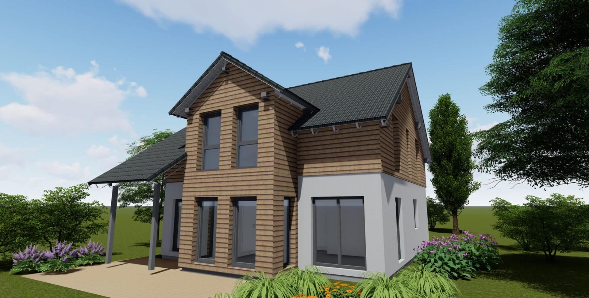 Zweistöckiges Haus mit Holzverkleidung und grauem Dach. Große Fenster im Erdgeschoss, umgeben von grüner Landschaft und bunten Blumen.