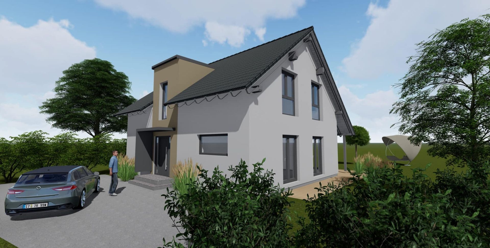 Moderne zweigeschossige Wohnhausfassade mit grauem Dach und hellem Putz.