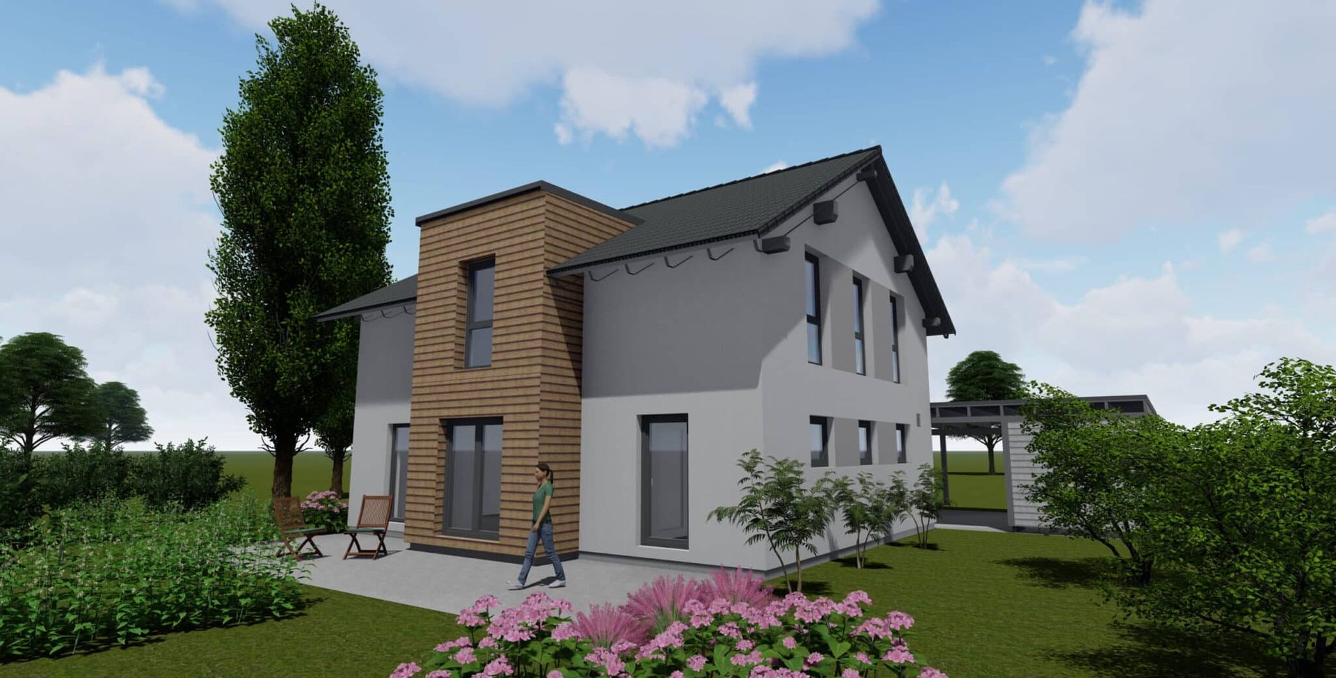 Moderne zweigeschossige Wohnhausansicht mit Holzverkleidung