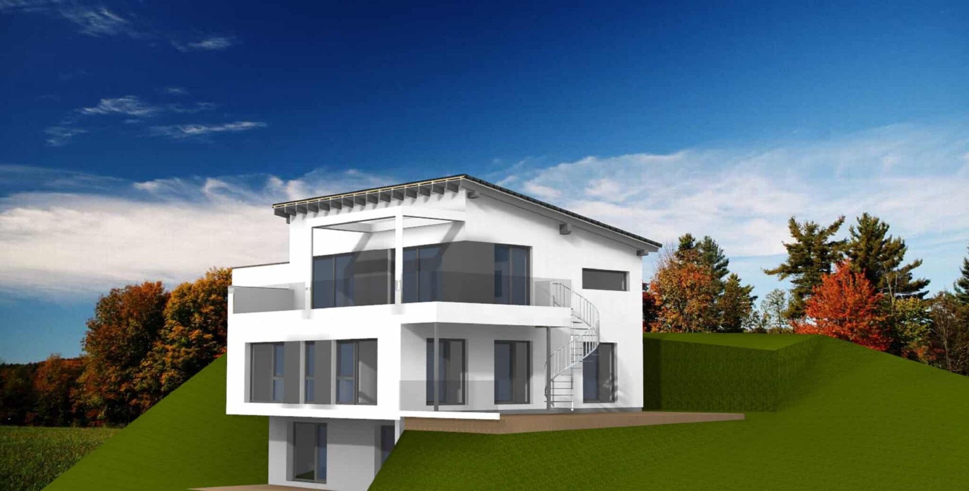 Moderne zweigeschossige Villa mit großen Fenstern, geschwungener Treppe und flachem Dach, umgeben von einem grünen Hang und Bäumen im Hintergrund.