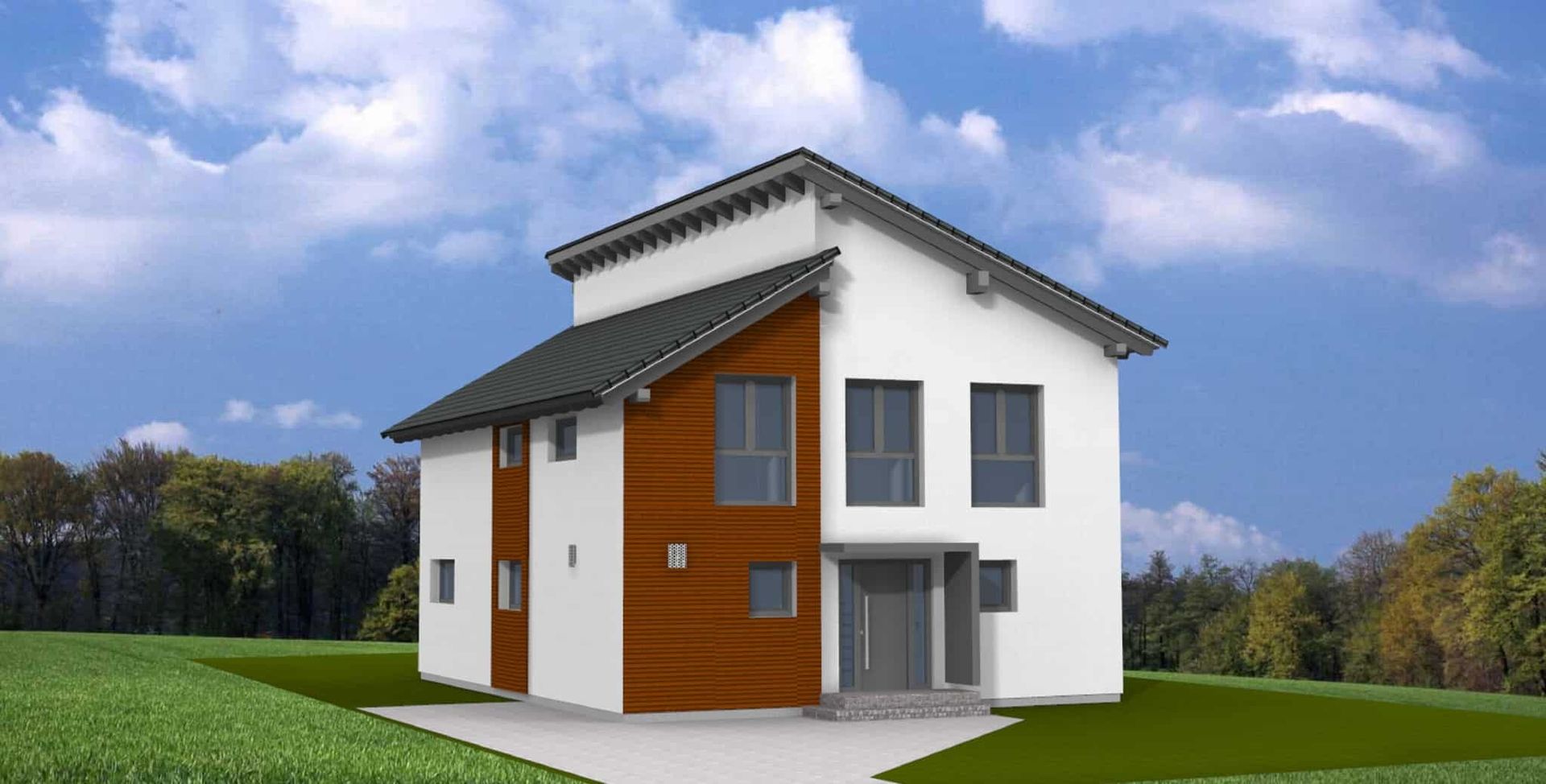 Moderne zweigeschossige Wohnhausarchitektur mit einem flachen Dach, weißen Wänden und Holzverkleidung.