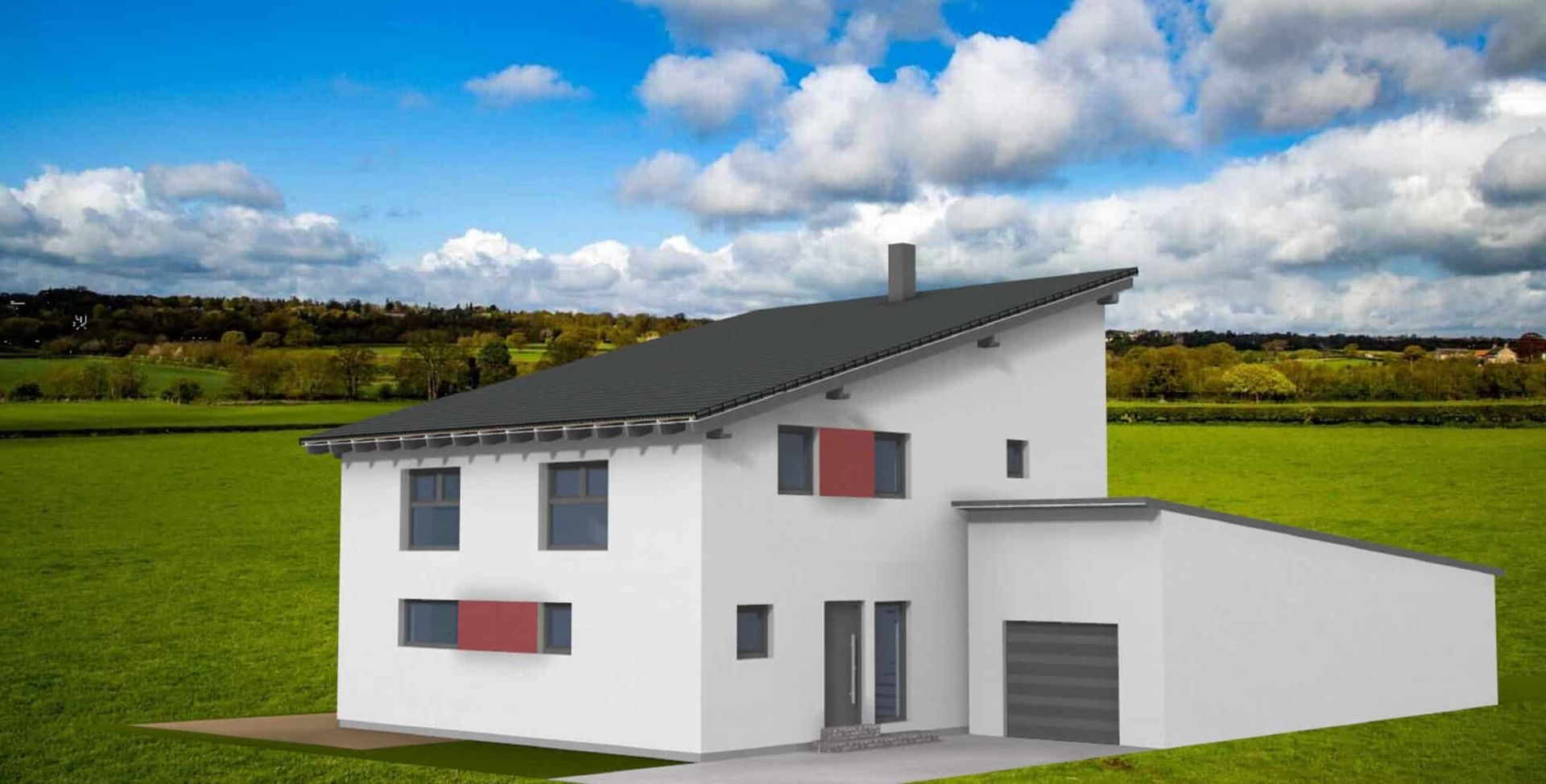 Moderne zweigeschossige Wohnhausansicht mit flachem Dach, weißen Wänden und roten Fensterelementen.