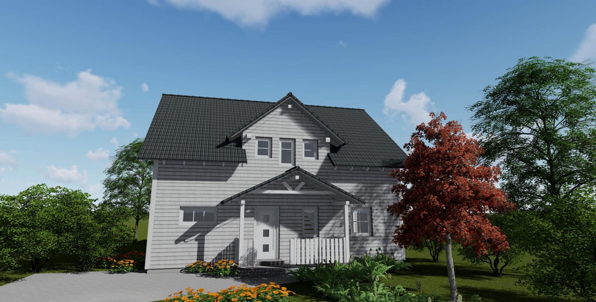 Zweistöckiges, hellgraues Holzhaus mit schwarzem Satteldach, Veranda und weißen Fenstern.