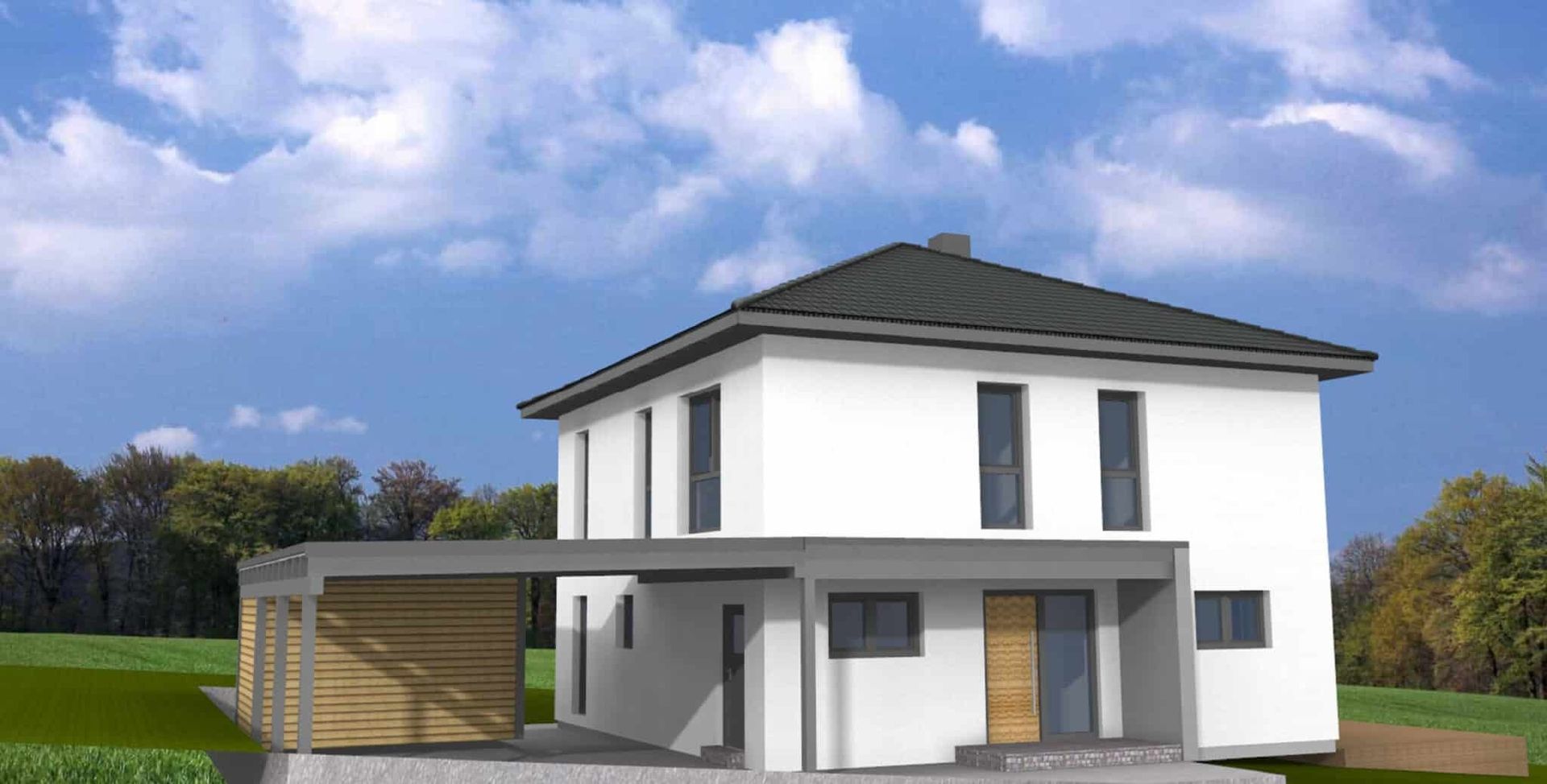 Moderne Stadtvilla mit flachem Dach, zwei Etagen, großen Fenstern und einer Holzgarage. Umgeben von Wiese und Bäumen.