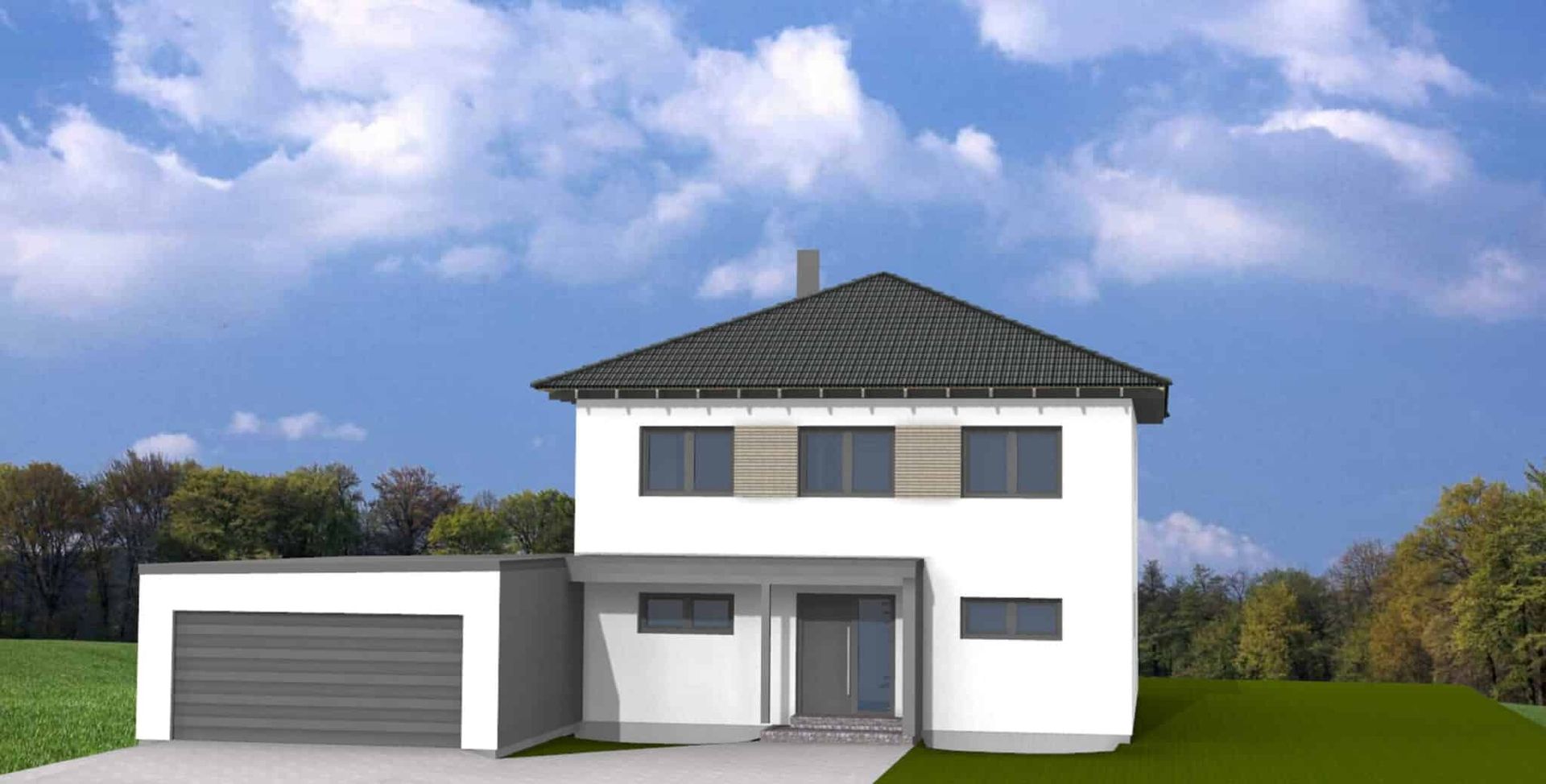 Zwei-stöckiges Wohnhaus mit flachem Dach, weißen Wänden und großen Fenstern. Sichtbare Fensterläden an der unteren Etage.