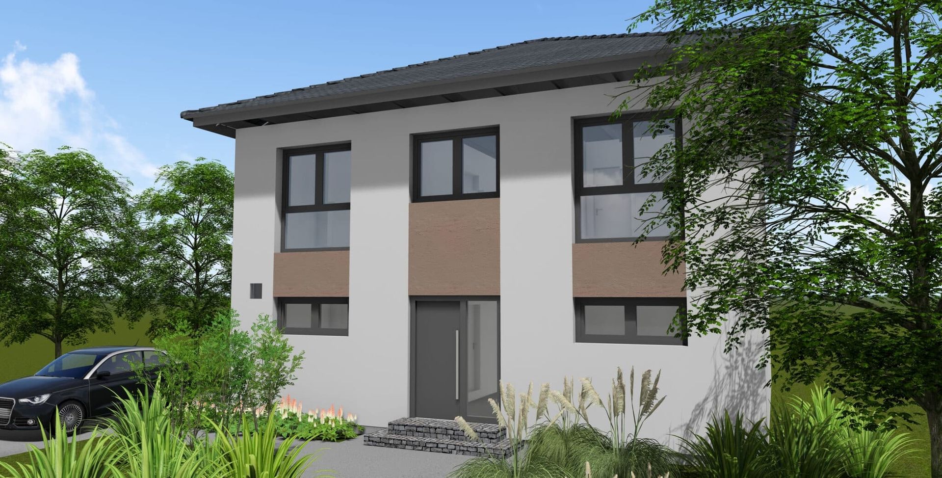 Moderne Stadtvilla mit flachem Satteldach, zwei Etagen, weißen Wänden und grauen Fensterrahmen. Eingangsbereich mit Tür und Treppe.