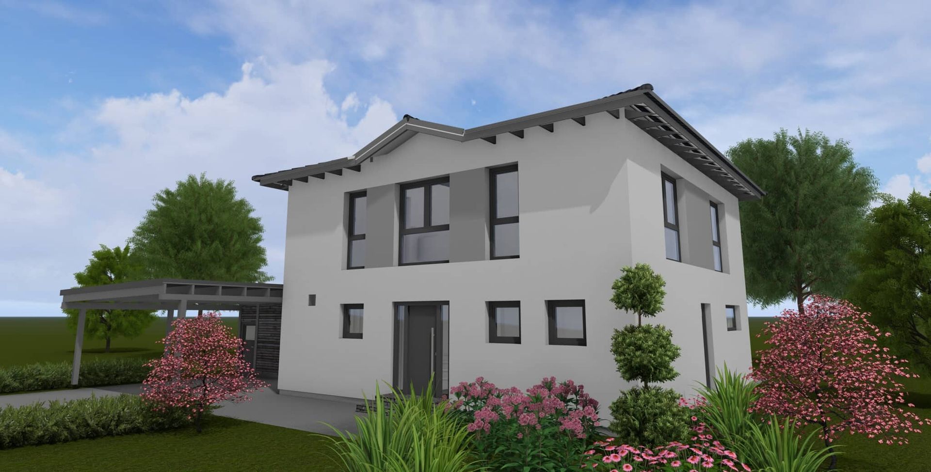 Moderne Stadtvilla mit zwei Etagen, flachem Dach und großen Fenstern. Eingangsbereich mit grauer Tür und Steinstufen. Sichtbare Fenster in verschiedenen Größen.