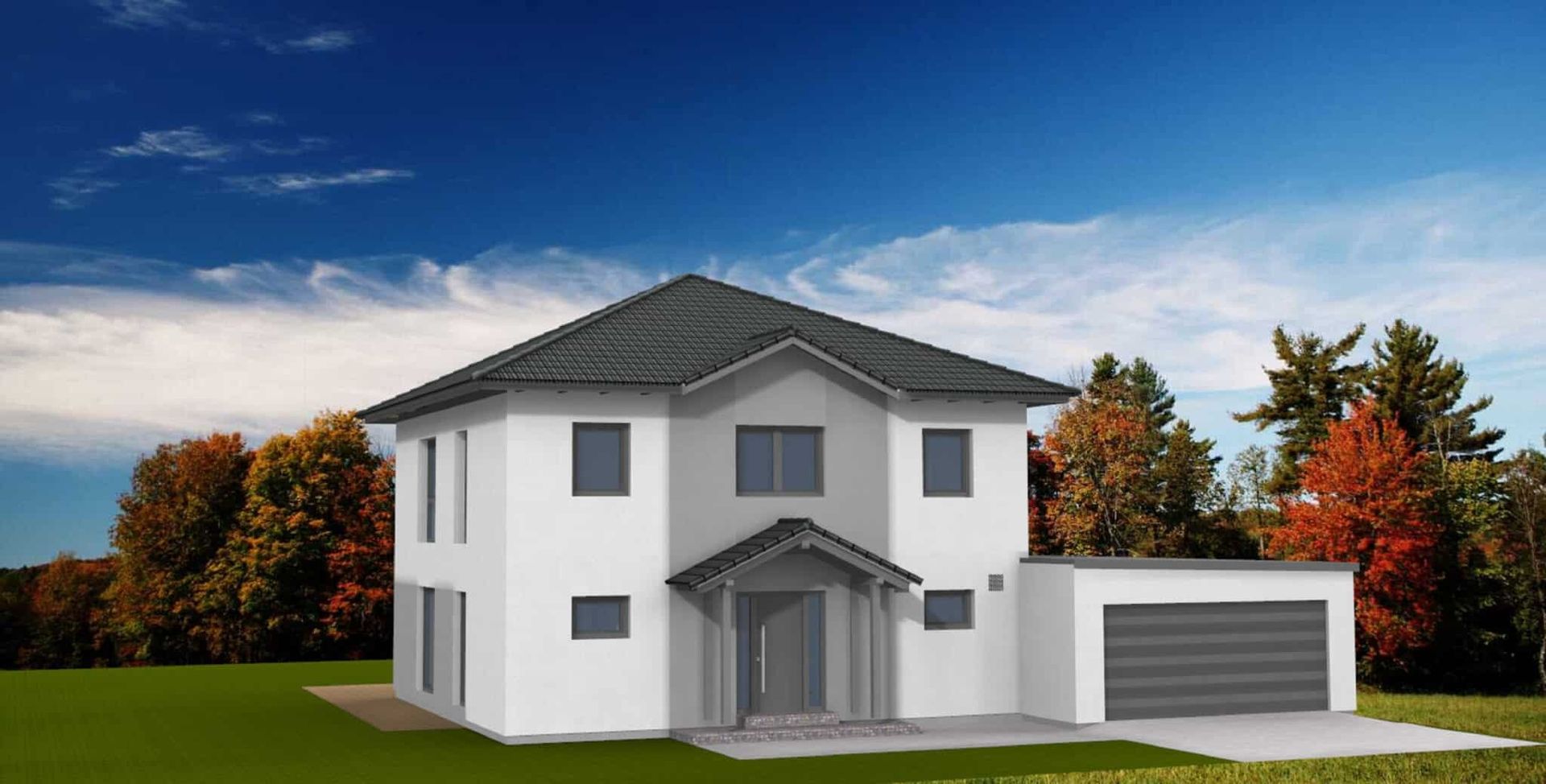 Moderne Stadtvilla mit zwei Etagen, flachem Dach, weißen Wänden und großen Fenstern. Terrasse im Vordergrund, umgeben von Rasen und Bäumen.