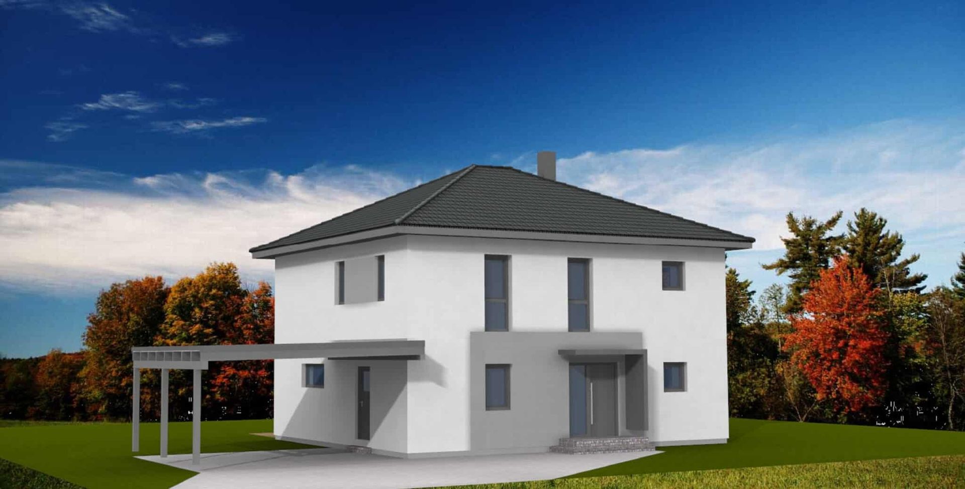 Moderne Stadtvilla mit zwei Etagen, flachem Dach, weißen Wänden und großen Fenstern.