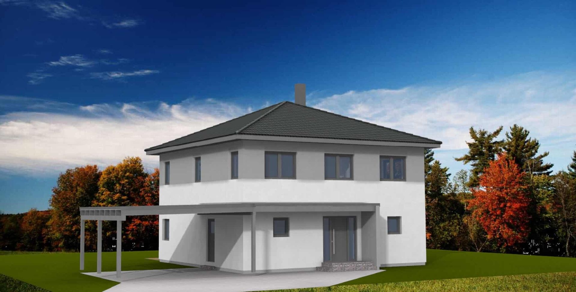 Moderne Stadtvilla mit zwei Etagen, flachem Dach, weißen Wänden und großen Fenstern.