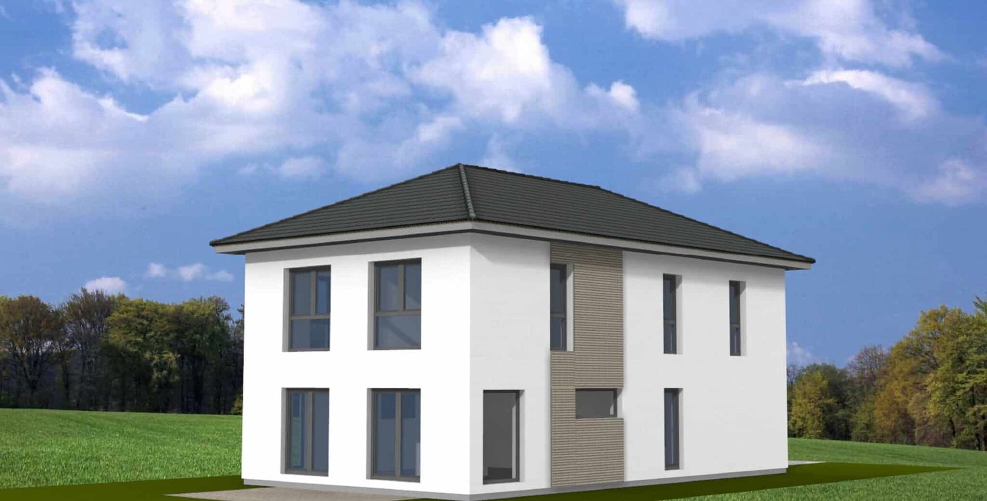 Moderne Stadtvilla mit zwei Etagen, flachem Dach und großen Fenstern.