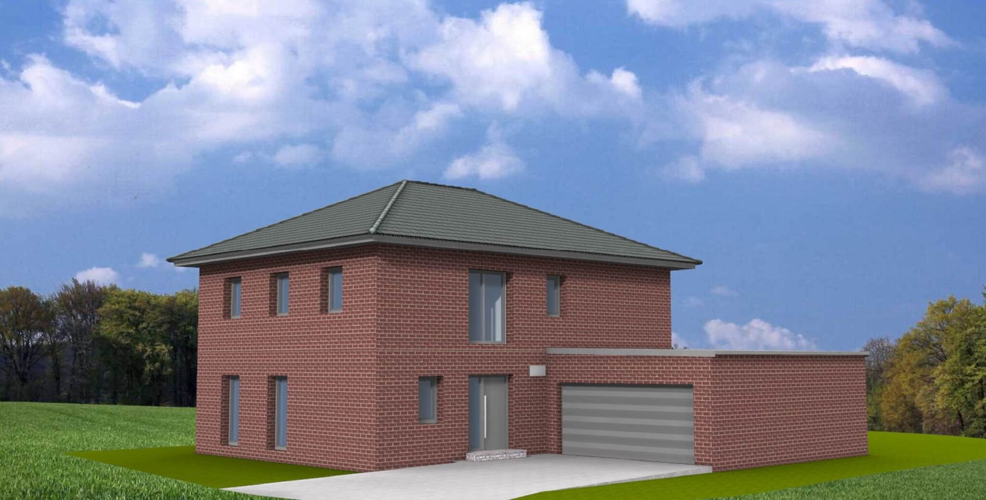 Zweistöckige Stadtvilla mit roter Ziegelsteinfassade, flachem Dach und großen Fenstern.