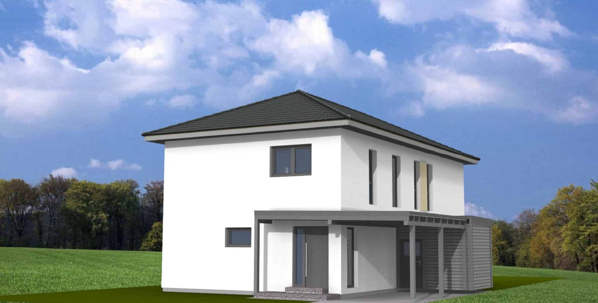 Moderne Stadtvilla mit flachem Dach, zwei Etagen, großen Fenstern und überdachtem Eingangsbereich. Umgeben von einer grünen Wiese und Bäumen im Hintergrund.