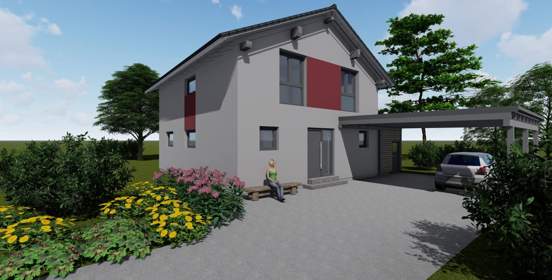 Zweistöckiges Wohnhaus mit grauer Fassade und roten Akzenten.