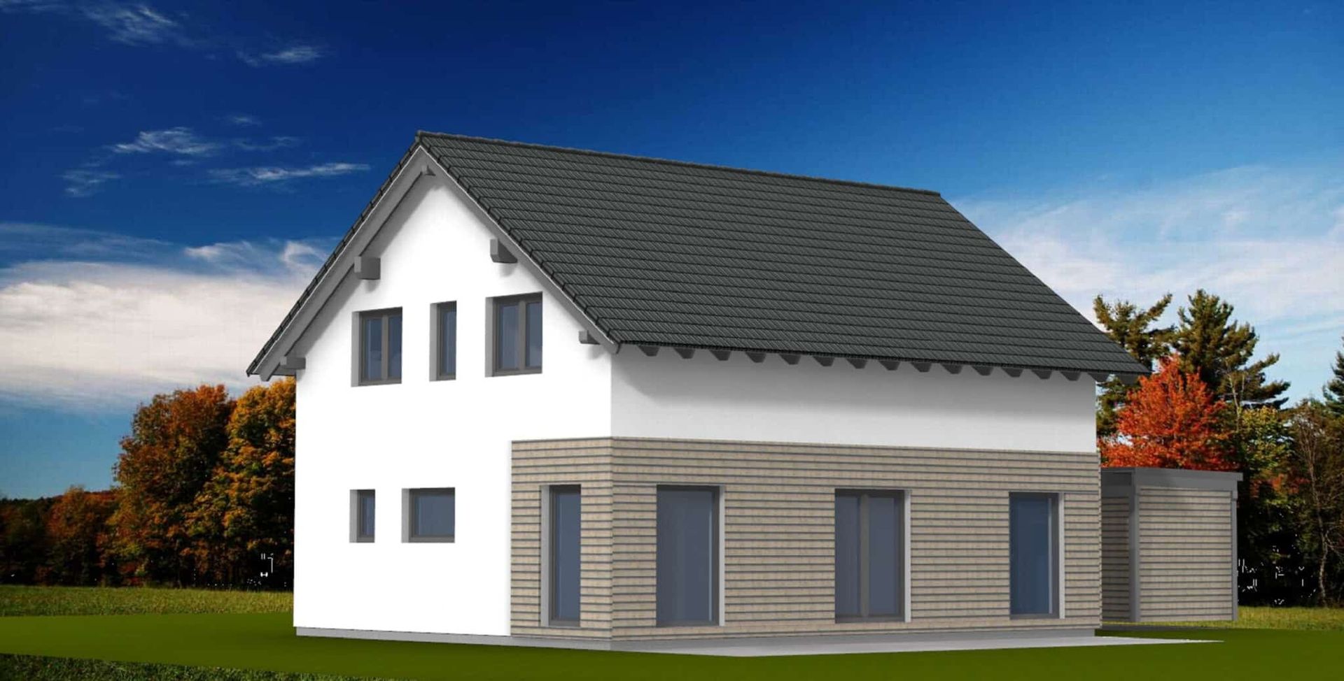 Zweistöckiges Haus mit grauem Satteldach, weißen Wänden und einer Steinverkleidung im Erdgeschoss.