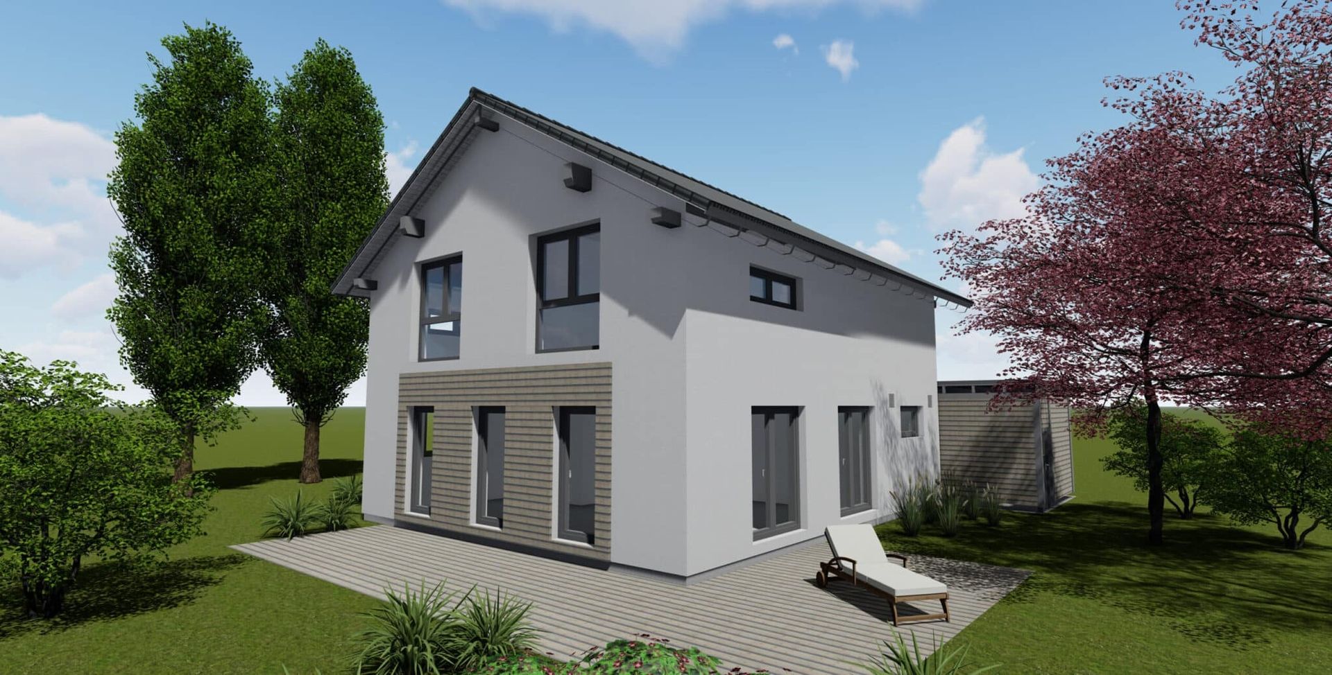 Moderne zweigeschossige Wohnhausansicht mit großen Fenstern, grauem Dach und Holzterrasse.