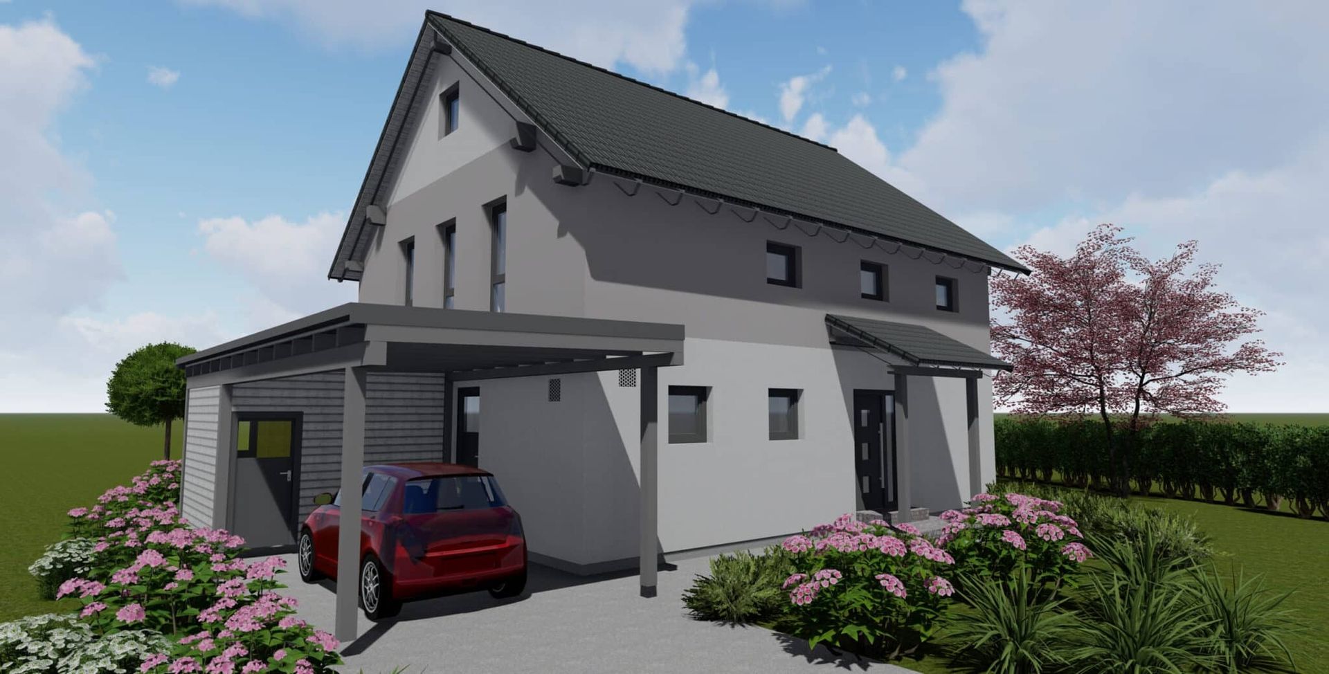 Moderne zweigeschossige Wohnhausansicht mit grauem Dach, weißen Wänden und einem Carport.