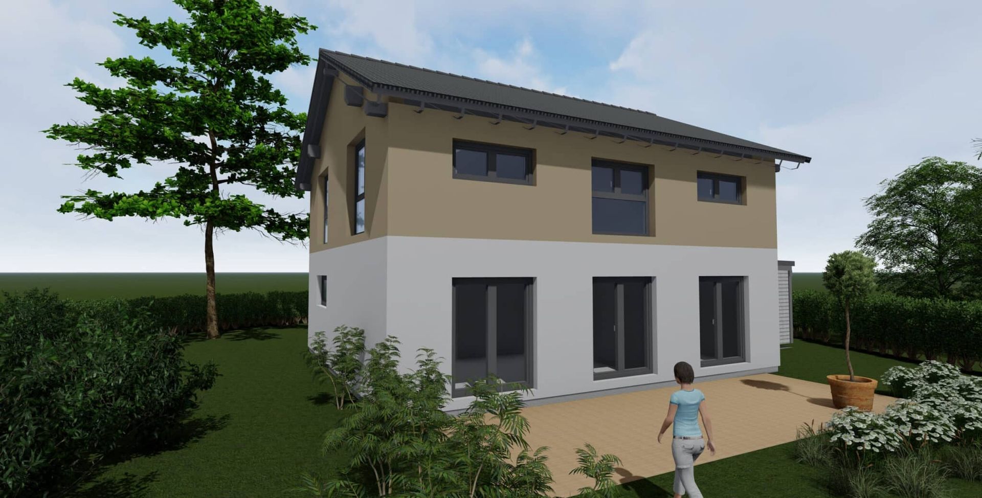 Zweistöckiges Wohnhaus mit grauem Satteldach, weißen Wänden und großen Fenstern.