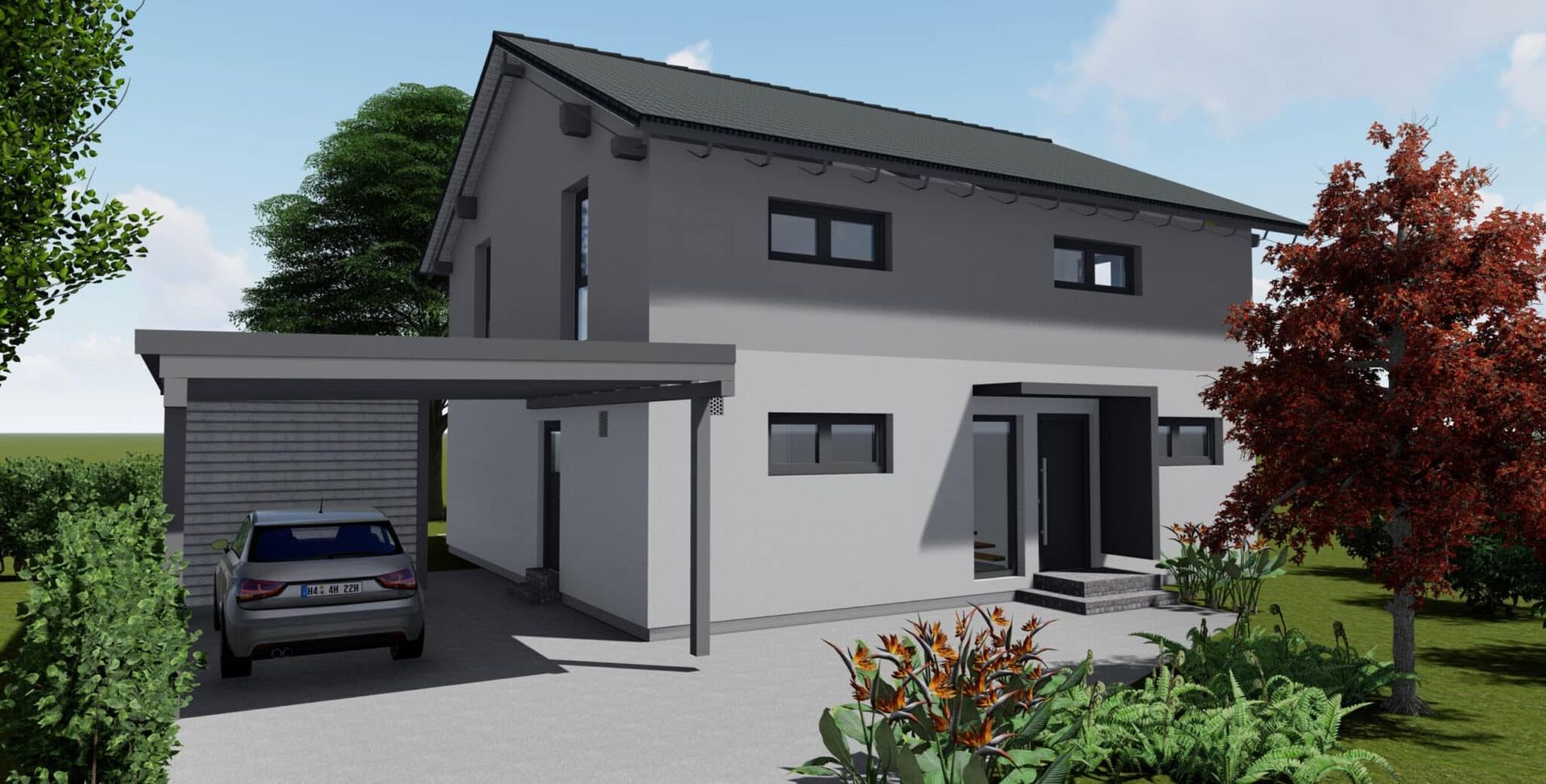 Moderne zweigeschossige Wohnhausfassade mit Satteldach, großen Fenstern und überdachtem Eingangsbereich. Die Wände sind in Weiß und Grau gehalten.