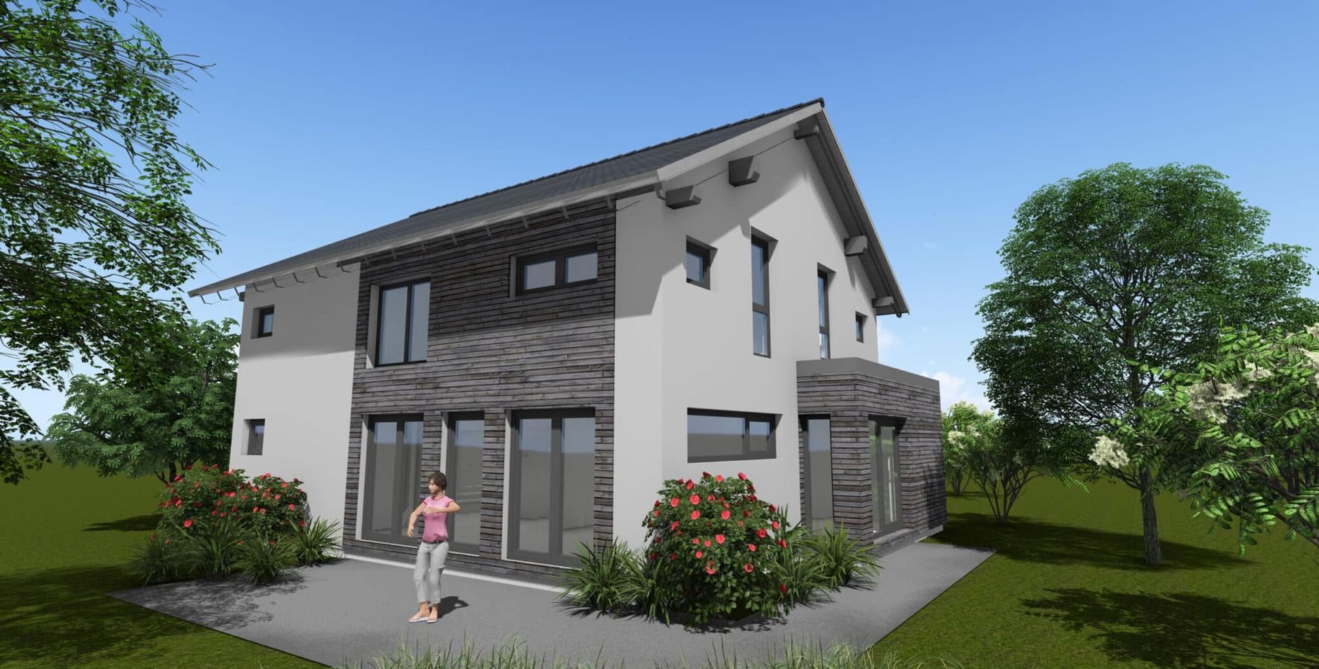 Moderne zweigeschossige Wohnhausarchitektur mit grauem Satteldach, weißen Wänden und großen Fenstern. Sichtbare Ziegelmuster an der Fassade.